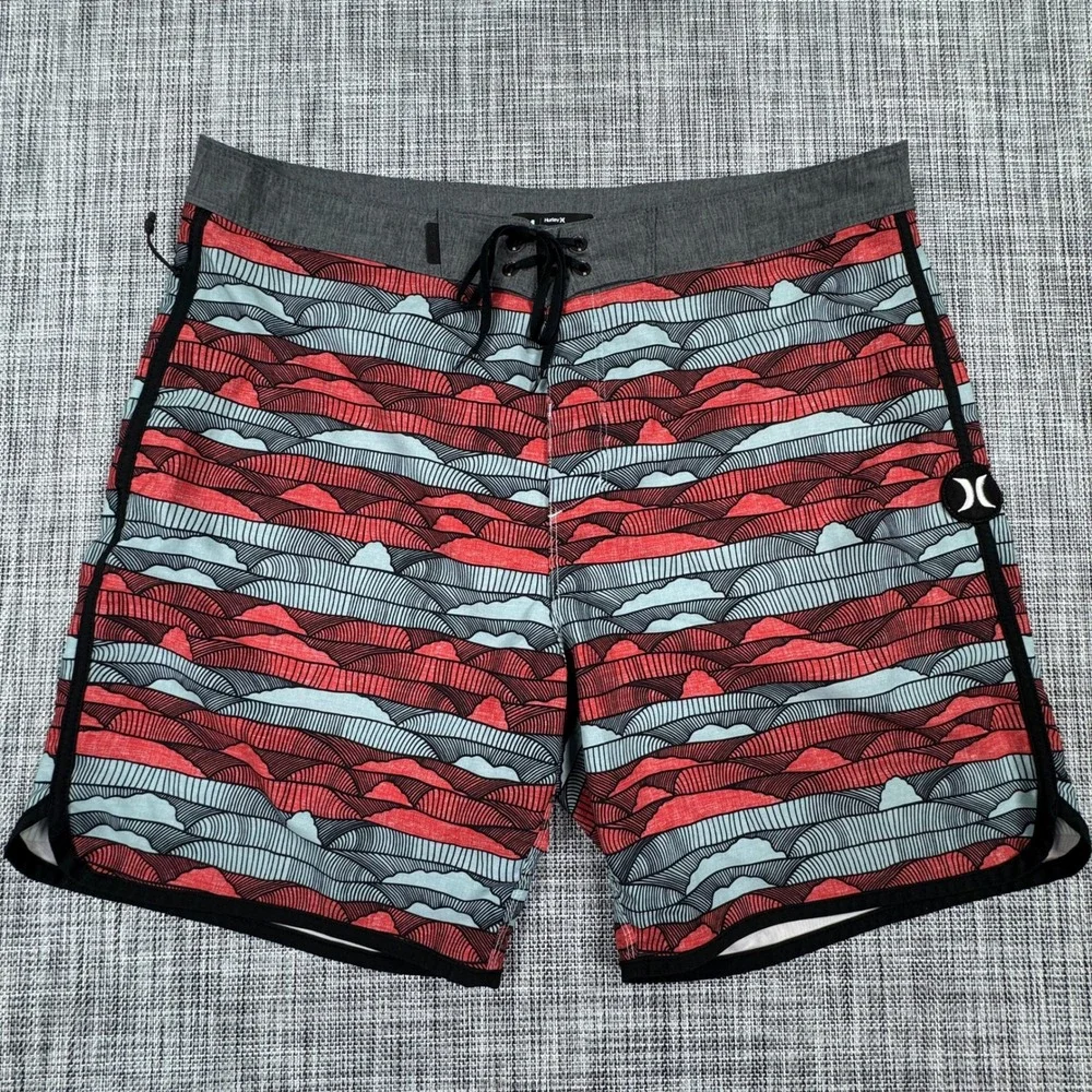 Hurley Mens Phantom Board Shorts 34 Red Blue Wave Print Stretch Swim Trunks